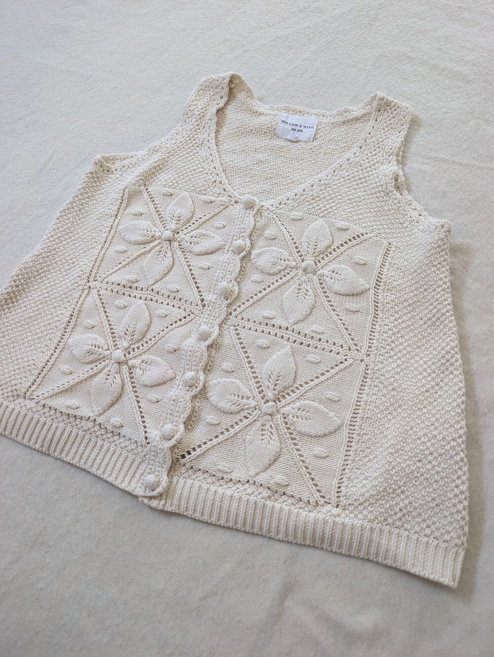 100% Cotton Willow & Wind Cream Knit Floral-Panel Sleeveless Sweater Vest